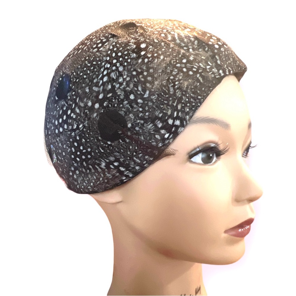 Lemington Vintage Cloque Hat- Feather, Netting & Sequin Disks, The Block Co. - Picture 1 of 9